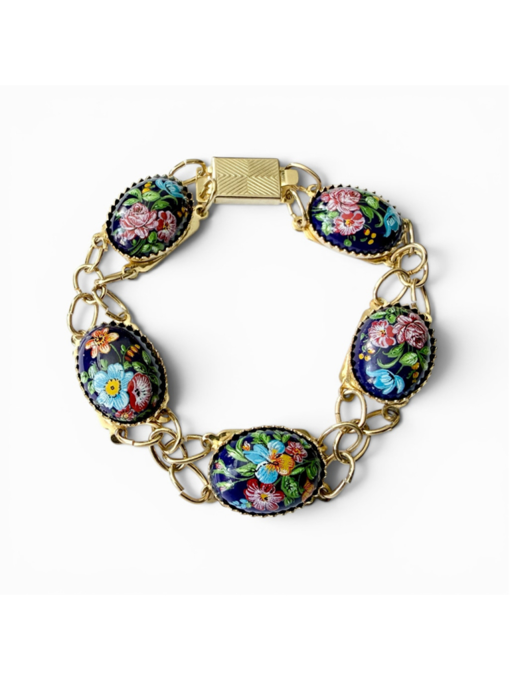 Vintage Hand Painted Porcelain Floral Bracelet Blue Porcelain Cabochon Bracelet - Picture 4 of 6